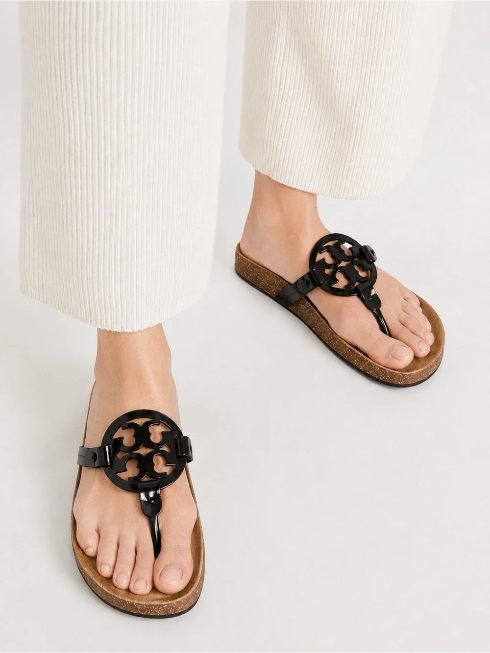 TORY BURCH Miller Cloud Patent Leather Cork Sandals Black 6.5